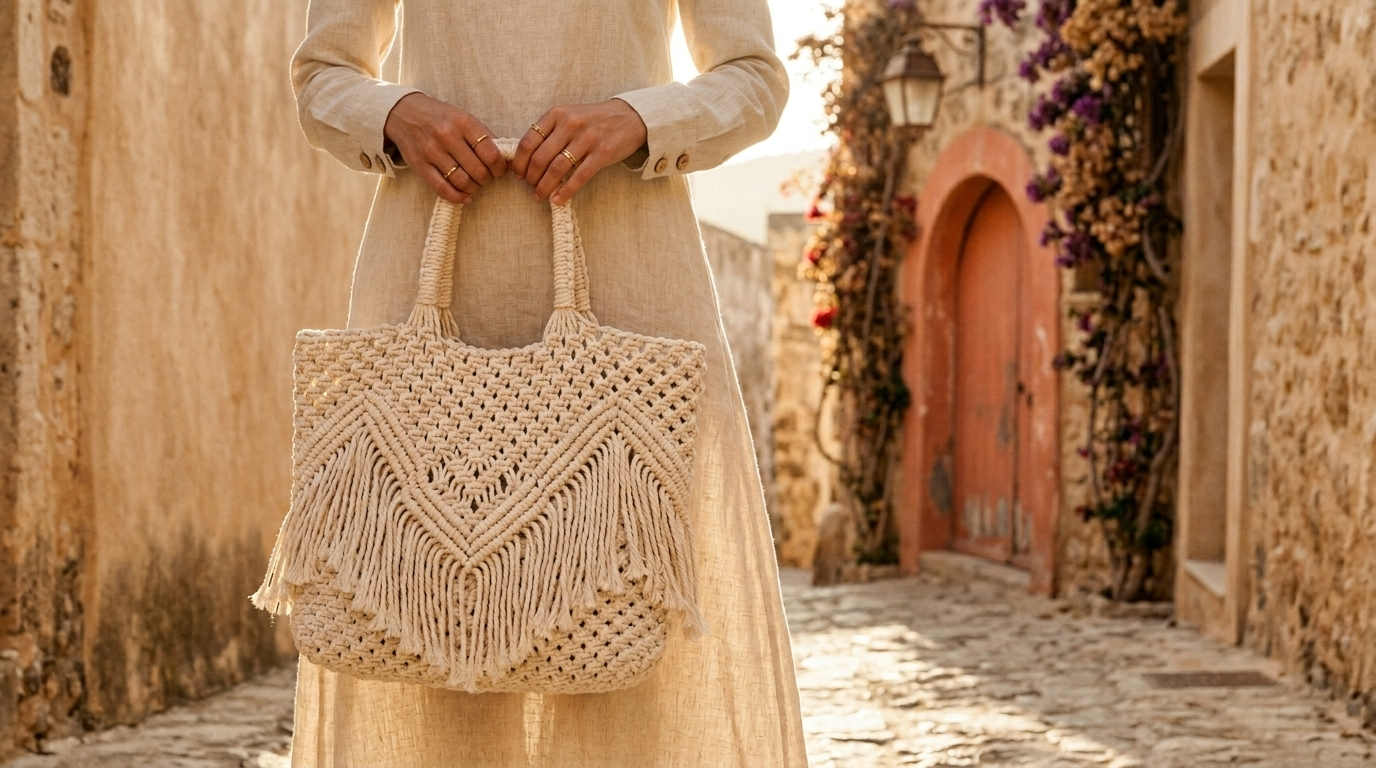 Sac macramé TheRawnak porté en ville